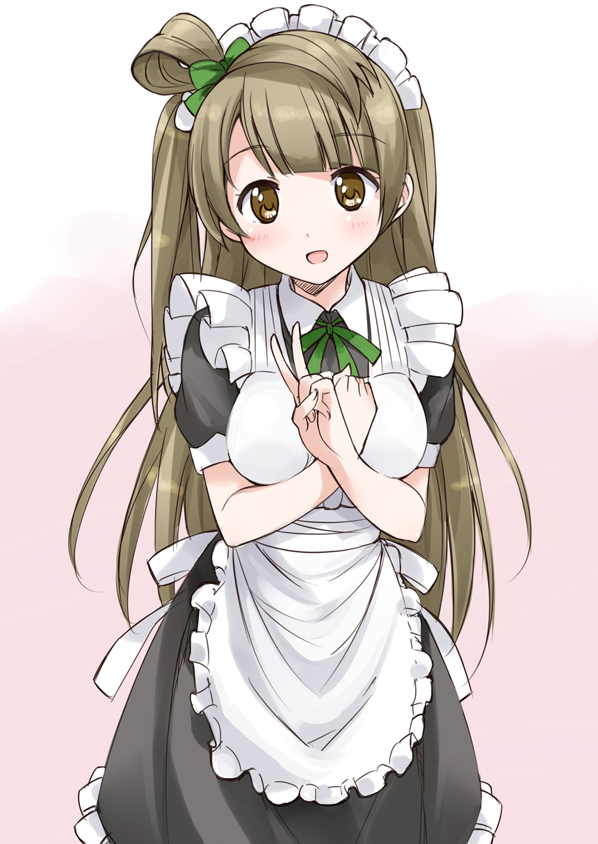 blush bow breasts brown_eyes brown_hair gradient gradient_background green_ribbon hair_bow highres long_hair love_live! love_live!_school_idol_project maid maid_headdress medium_breasts minami_kotori mousou_(mousou_temporary) open_mouth pink_background ribbon short_sleeves smile solo standing v