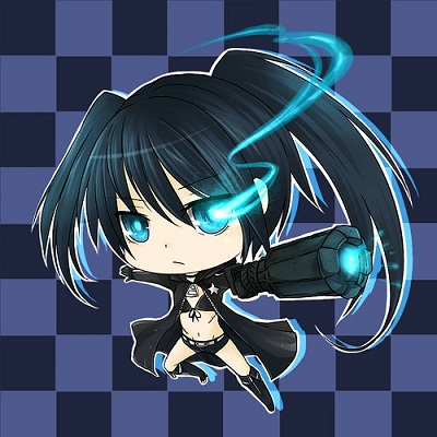 1girl bikini_top black_hair black_rock_shooter black_rock_shooter_(character) blue_eyes boots chibi choker flat_chest front-tie_top gloves glowing glowing_eye knee_boots ks long_hair lowres navel pale_skin pillow ringed_eyes scar solo thigh_strap twintails uneven_twintails