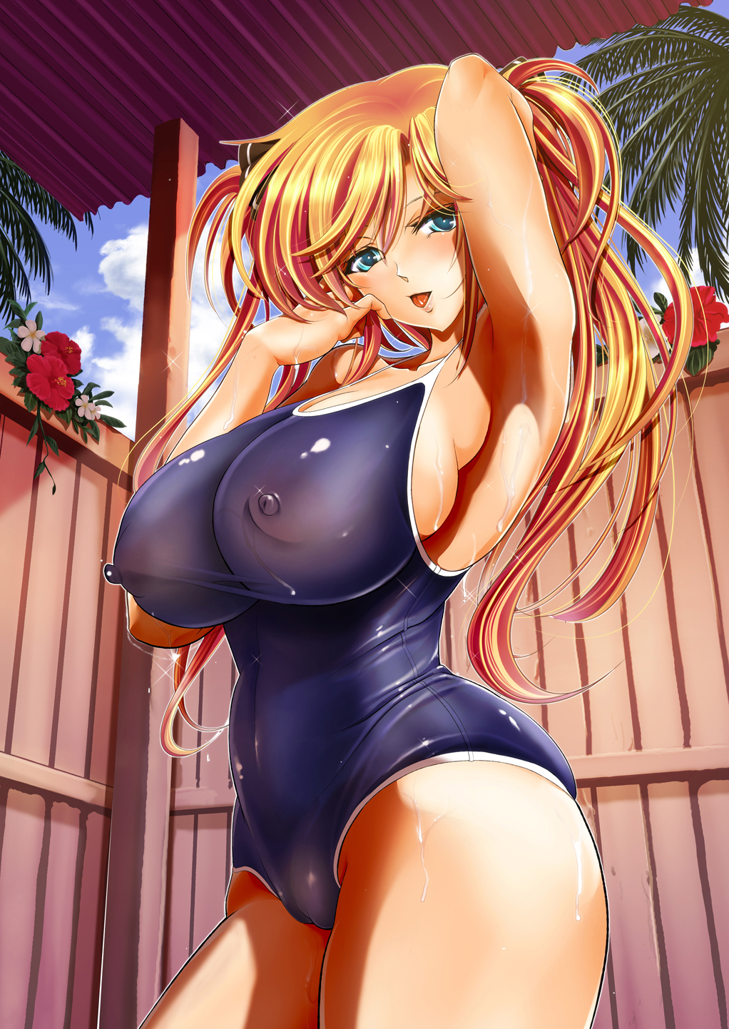:p arm_up armpits blonde_hair blush breasts cameltoe competition_school_swimsuit covered_nipples flower hibiscus highres huge_breasts kawaraya_a-ta long_hair looking_at_viewer love_tutorial_(manga) one-piece_swimsuit palm_tree sideboob smile solo sweat swimsuit tongue tongue_out tree wet