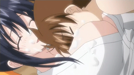 1boy 1girl animated animated_gif between_breasts black_hair blush breast_smother breasts brown_hair head_between_breasts high_school_dxd himejima_akeno hyoudou_issei large_breasts lowres