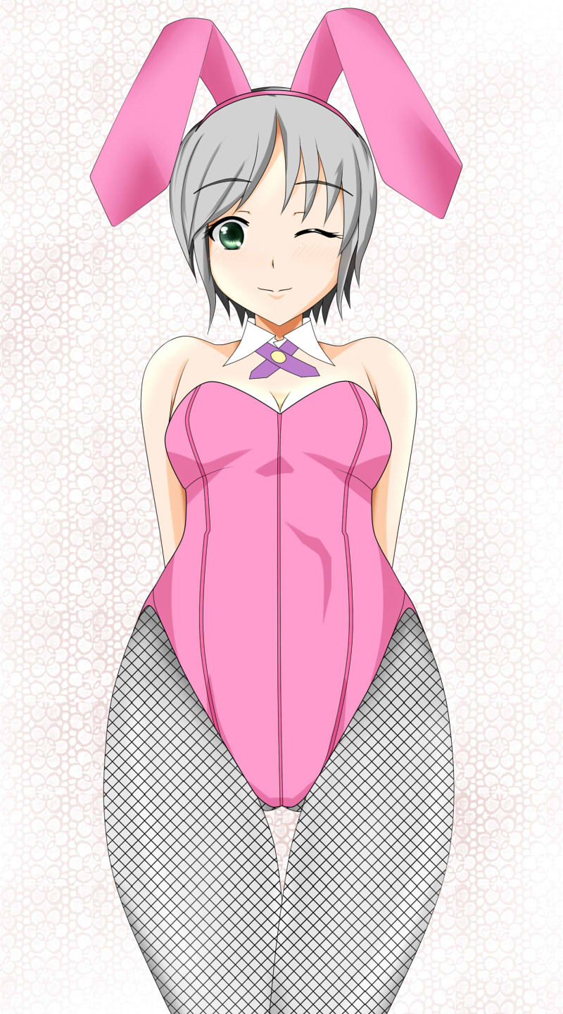 1girl animal_ears arm arms arms_behind_back artist_request bare_shoulders blush breasts bunny_ears bunny_girl bunnysuit cameltoe cleavage detached_collar fake_animal_ears female fishnet_pantyhose fishnets green_eyes grey_hair leotard original pantyhose short_hair silver_hair small_breasts smile solo standing wink