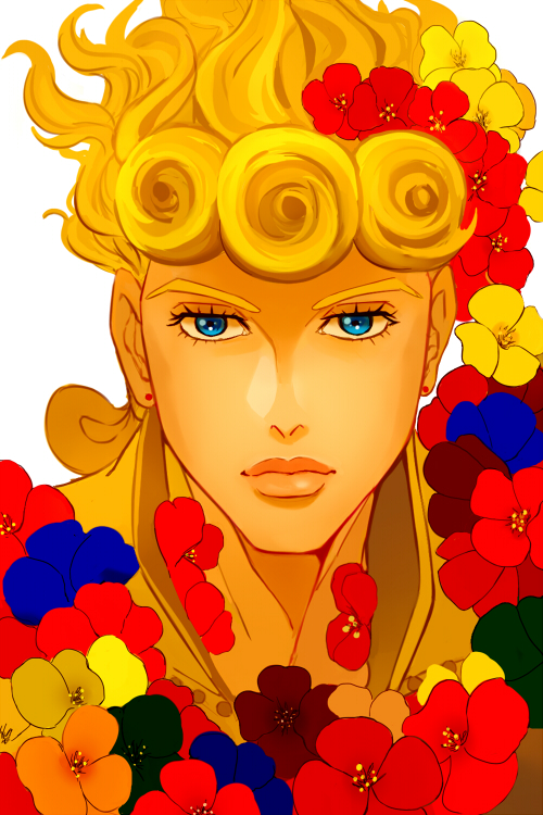 adam's_apple blonde_hair blue_eyes braid curly_hair earrings emptycicada eyelashes flower giorno_giovanna jewelry jojo_no_kimyou_na_bouken looking_at_viewer male_focus portrait red_flower solo white_background