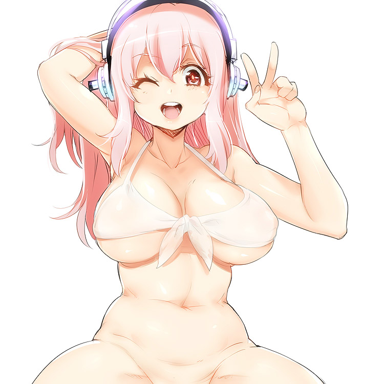 ;) bikini bikini_top bottomless breasts cleavage front-tie_top hand_in_hair headphones large_breasts long_hair naso4 navel nitroplus one_eye_closed open_mouth out-of-frame_censoring pink_hair plump red_eyes smile solo strap_gap super_sonico swimsuit underboob v white_background white_bikini