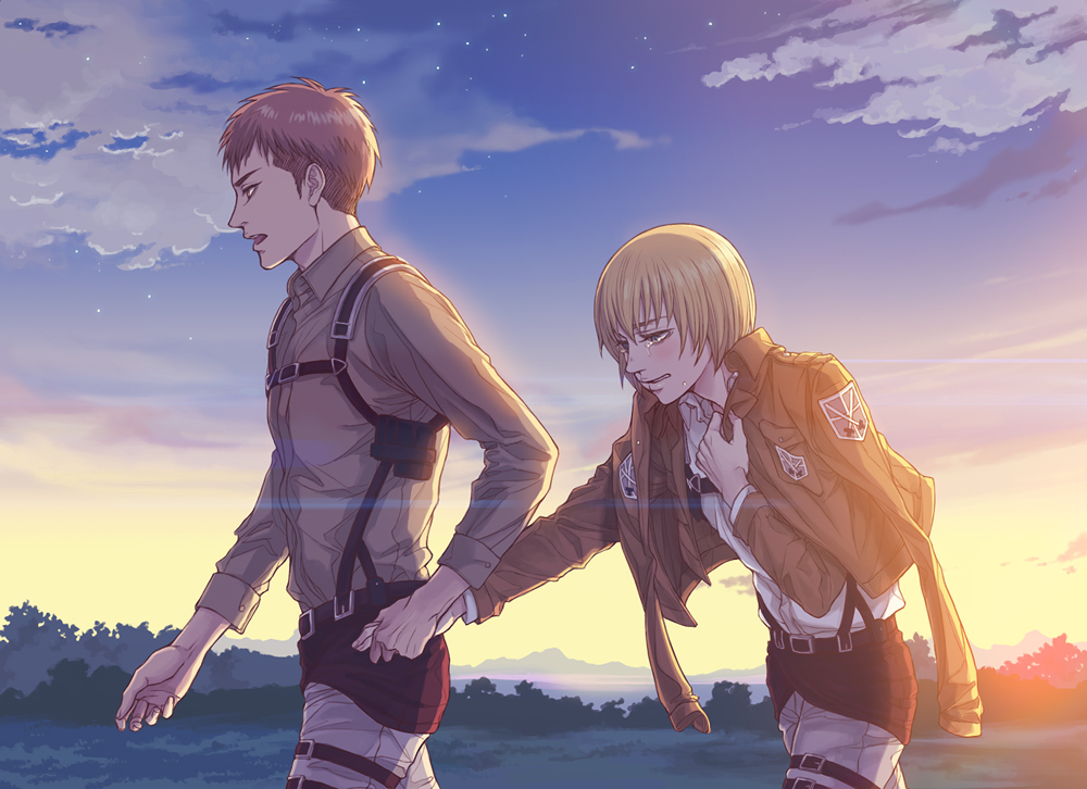 armin_arlert bangs belt blonde_hair blue_eyes blush bob_cut brown_hair brown_shirt cloud collared_shirt cowboy_shot crying crying_with_eyes_open day dress_shirt emblem from_side hand_grab hand_on_own_chest holding_hand jacket_on_shoulders jean_kirchstein lens_flare long_sleeves looking_down male_focus multiple_boys outdoors pants paradis_military_uniform profile pulled_by_another pulling shingeki_no_kyojin shirt sky star_(sky) sunset tears three-dimensional_maneuver_gear training_corps_(emblem) twilight twoframe walking white_shirt