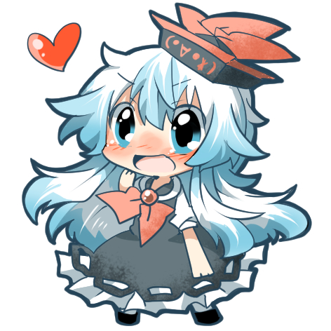 blue_dress blue_eyes blue_hair blush chibi dress expressive_clothes hat heart kamishirasawa_keine long_hair lowres multicolored_hair neckerchief open_mouth rebecca_(keinelove) shirt short_sleeves silver_hair simple_background smile solo touhou two-tone_hair very_long_hair white_background