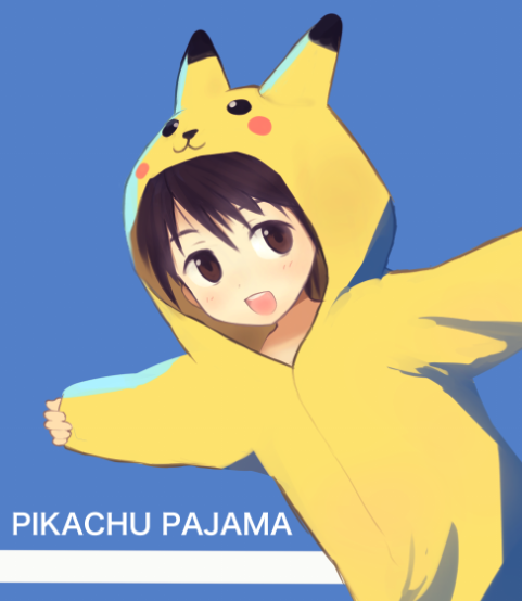 bad_id bad_pixiv_id black_hair blue_background brown_eyes cosplay english gen_1_pokemon male_focus open_mouth original pikachu pikachu_(cosplay) pokemon smile solo yuki_(vicious)