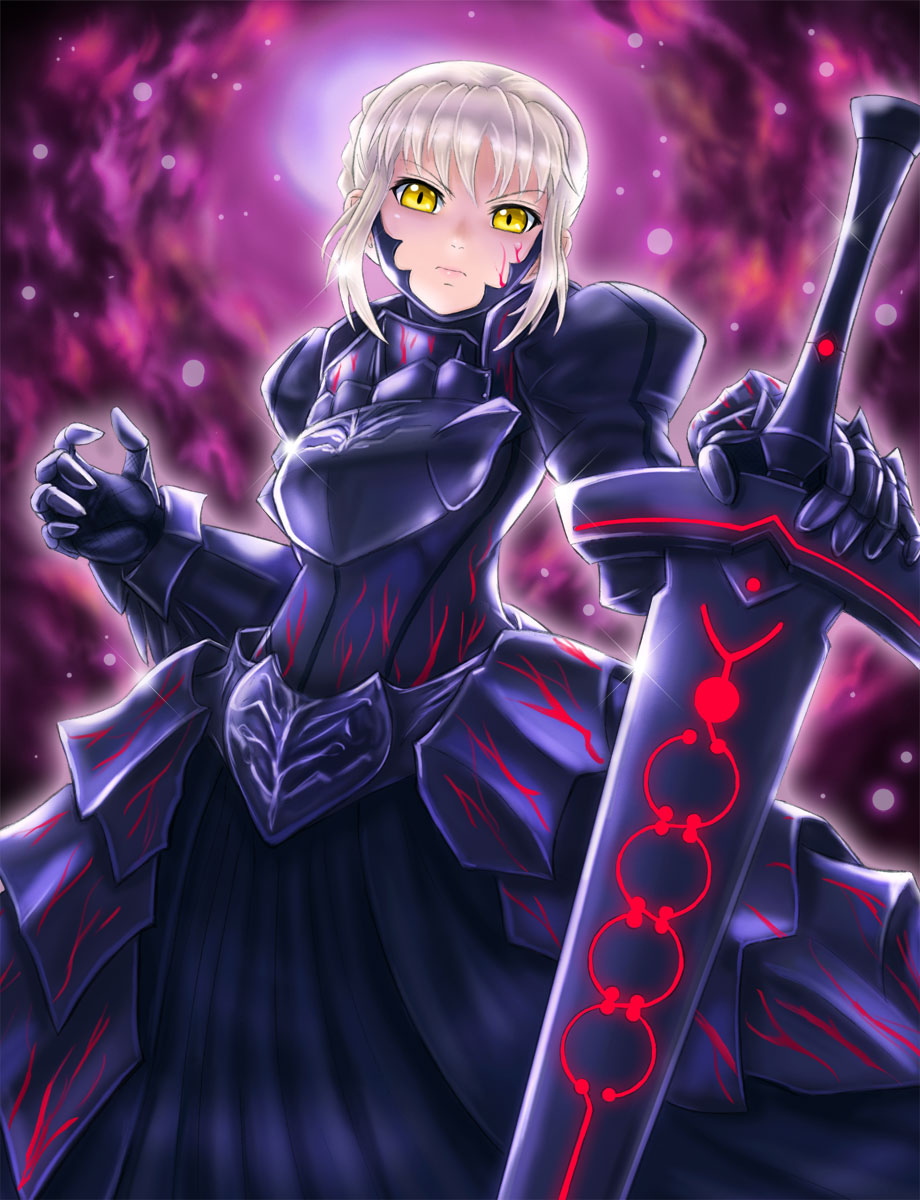 armor armored_dress artoria_pendragon_(all) blonde_hair boken_fantasy dark_excalibur dress fate/stay_night fate_(series) highres saber_alter solo sword weapon yellow_eyes