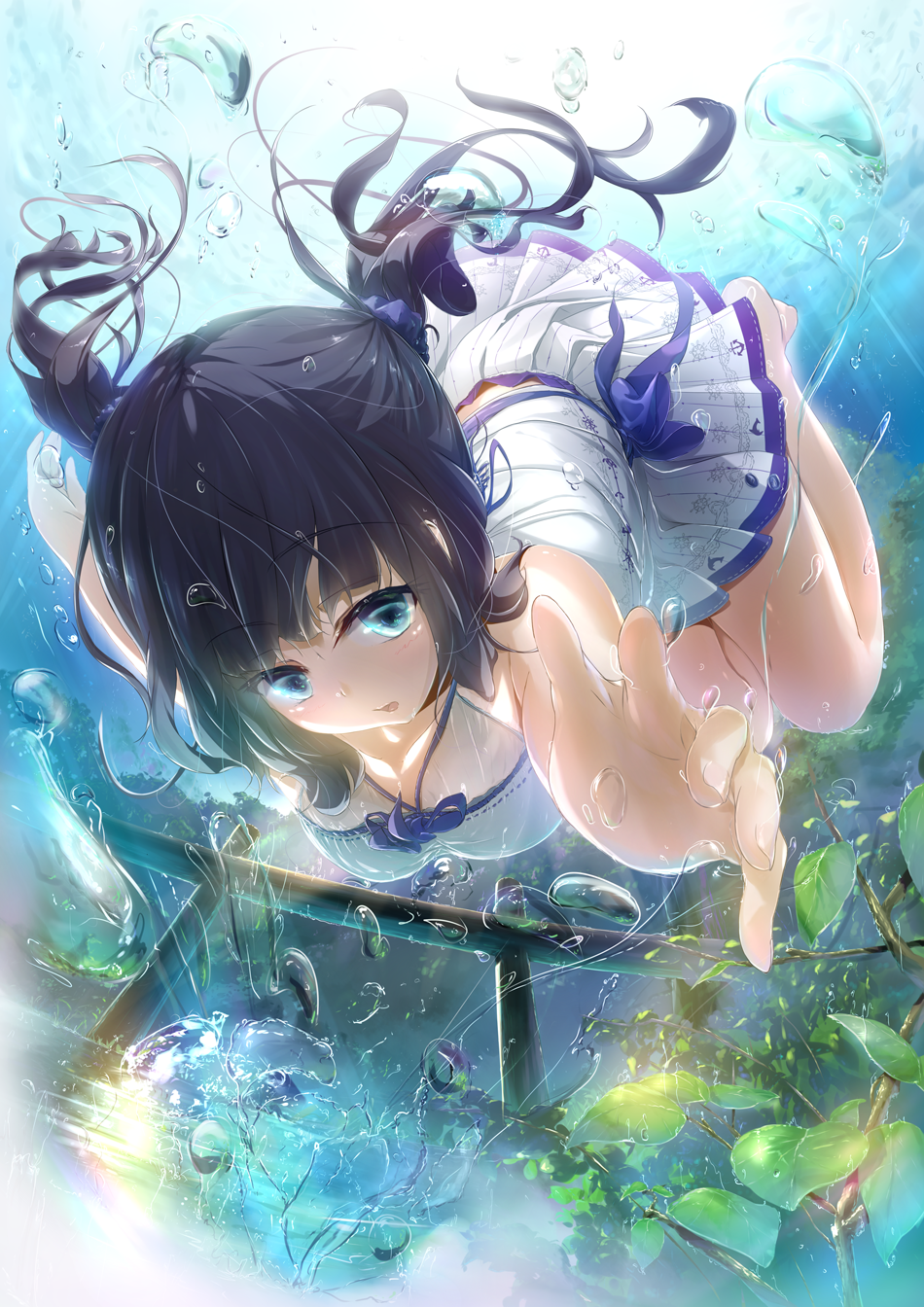aqua_eyes barefoot black_hair breasts bubble diving dress freediving hair_ribbon highres leaf long_hair looking_at_viewer md5_mismatch medium_breasts open_mouth original ribbon solo swimming twintails underwater underwear water wingheart