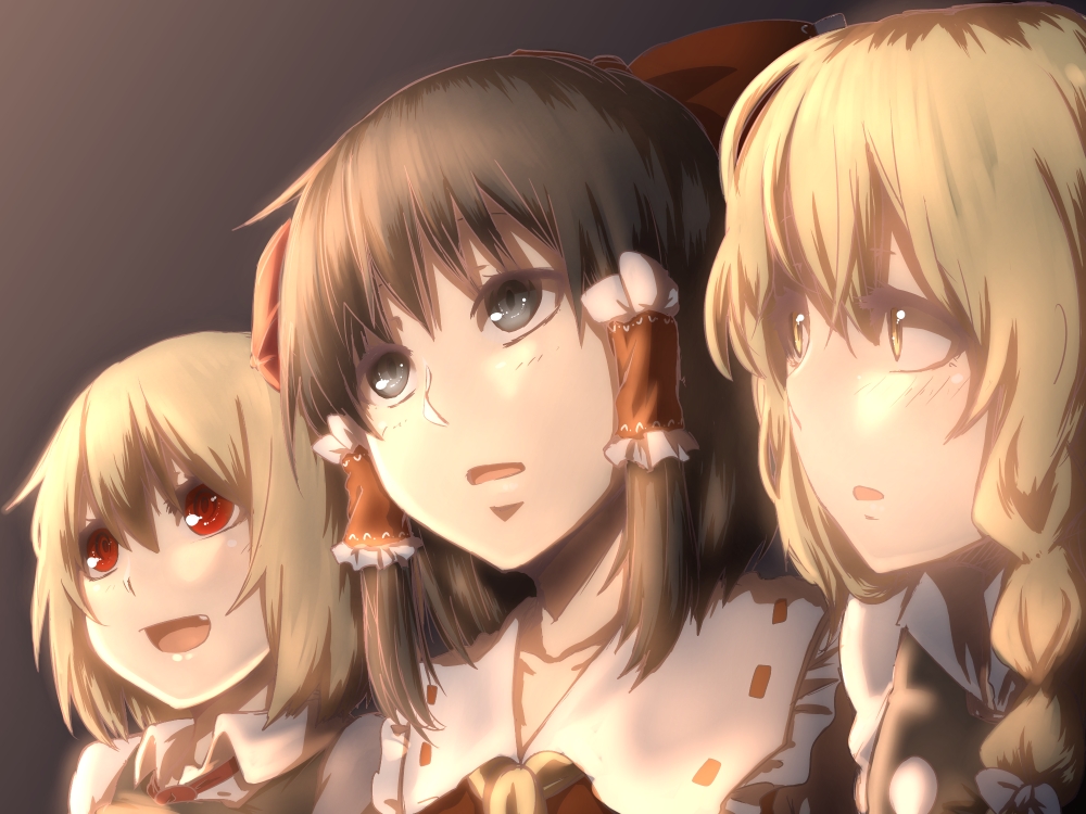 black_eyes blonde_hair braid brown_hair fang hair_tubes hakurei_reimu kirisame_marisa multiple_girls open_mouth red_eyes rumia short_hair side_ponytail simple_background smile terimayo touhou yellow_eyes