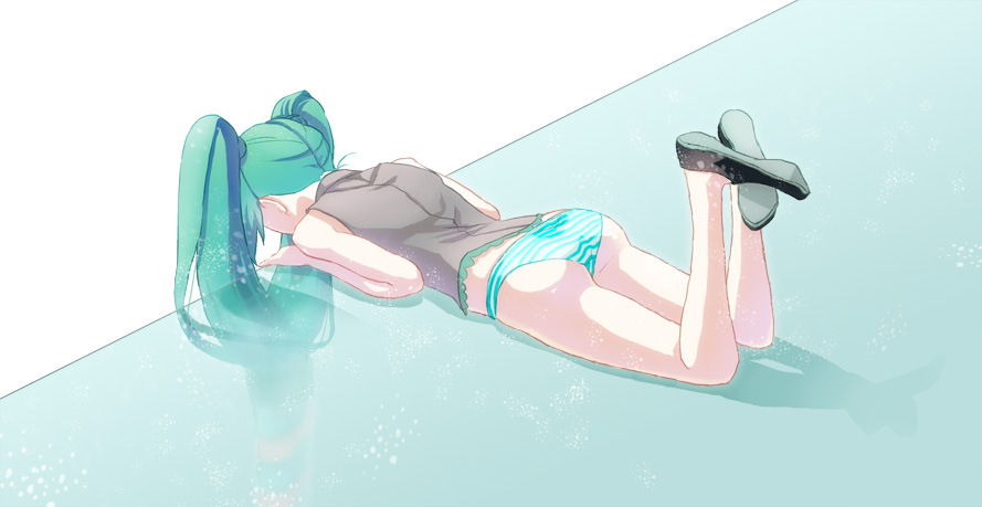 aqua_panties ass bare_shoulders flats green_hair hatsune_miku legs_up long_hair looking_down lying no_pants nokuran on_stomach panties reflection see-through solo striped striped_panties twintails underwear vocaloid