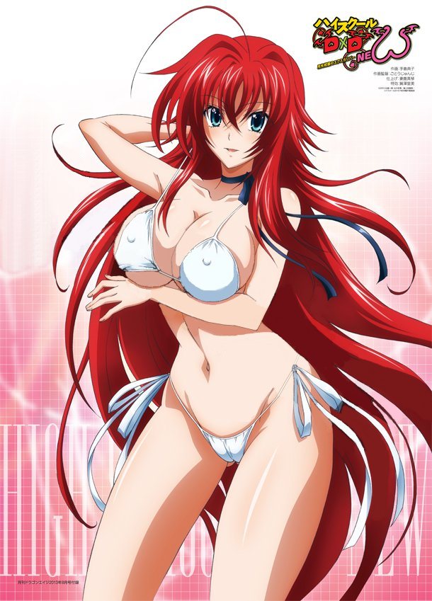 1girl bikini breasts green_eyes high_school_dxd large_breasts long_hair panties red_hair rias_gremory smile solo standing swimsuit underwear white_bikini white_swimsuit