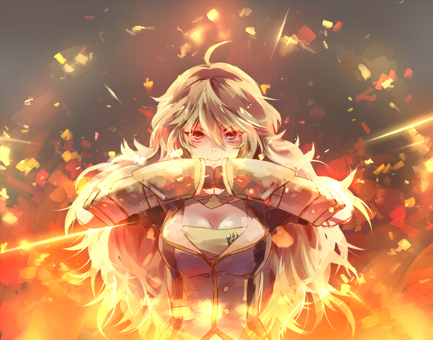 ahoge blonde_hair breasts cleavage fingerless_gloves fist_bump gauntlets gloves long_hair looking_at_viewer medium_breasts natural_wind red_eyes rwby smile solo weapon yang_xiao_long