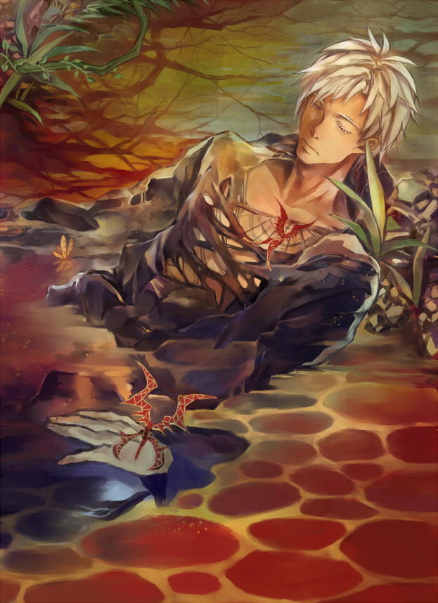 56956_(artist) bad_id bad_pixiv_id bug crest_worm fate/zero fate_(series) insect male_focus matou_kariya partially_submerged solo white_hair