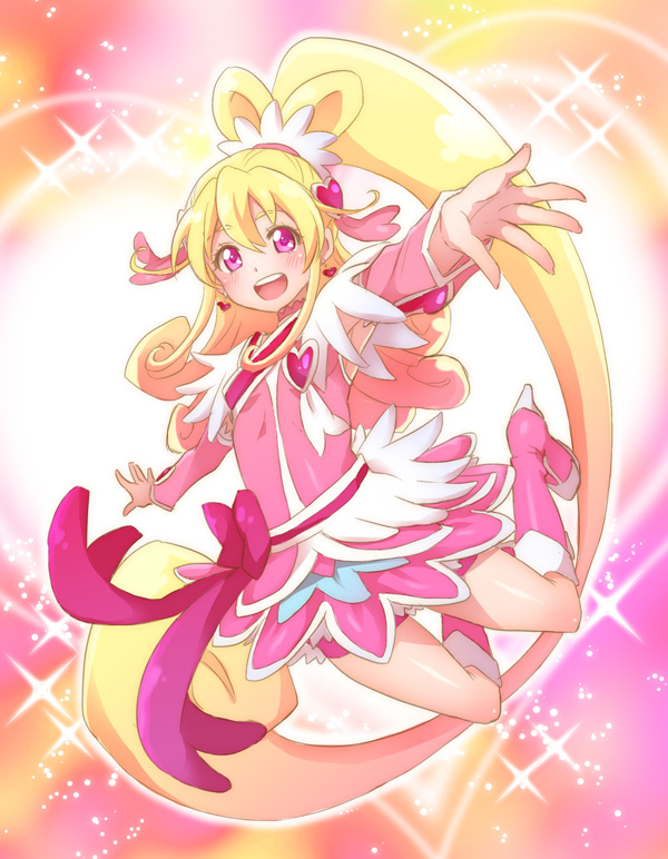 :d aida_mana bad_id bad_pixiv_id blonde_hair blush boots bow cure_heart dokidoki!_precure hair_ornament half_updo heart heart_hair_ornament jumping knee_boots long_hair open_mouth outstretched_arms outstretched_hand pink_bow pink_eyes pink_footwear pink_sleeves ponytail precure shakeko_(shake5) smile solo sparkle spread_arms