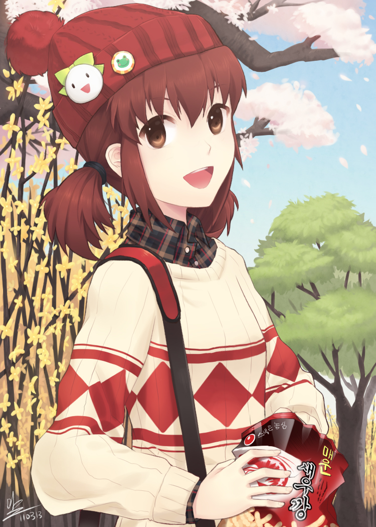 :d beanie brown_eyes brown_hair cherry_blossoms dated hat hat_ornament looking_at_viewer minari open_mouth original petals plaid plaid_shirt shirt short_hair short_twintails signature smile snack solo sweater tree twintails upper_body