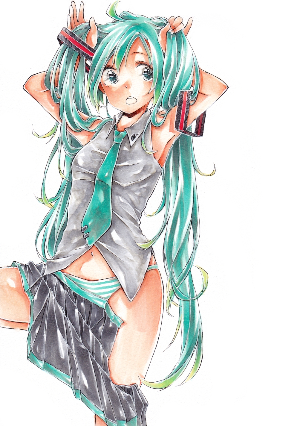 ahoge aqua_eyes aqua_hair hairdressing hatsune_miku highres kawana_(spicaboy) long_hair necktie panties skirt solo striped striped_panties twintails underwear vocaloid