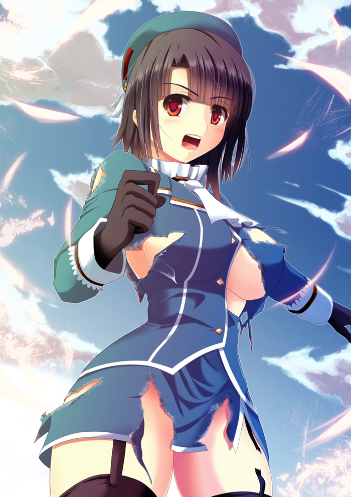 black_hair breasts from_below garter_straps gloves hat kantai_collection medium_breasts military military_uniform open_mouth red_eyes short_hair solo takao_(kantai_collection) torn_clothes underboob uniform windfeathers
