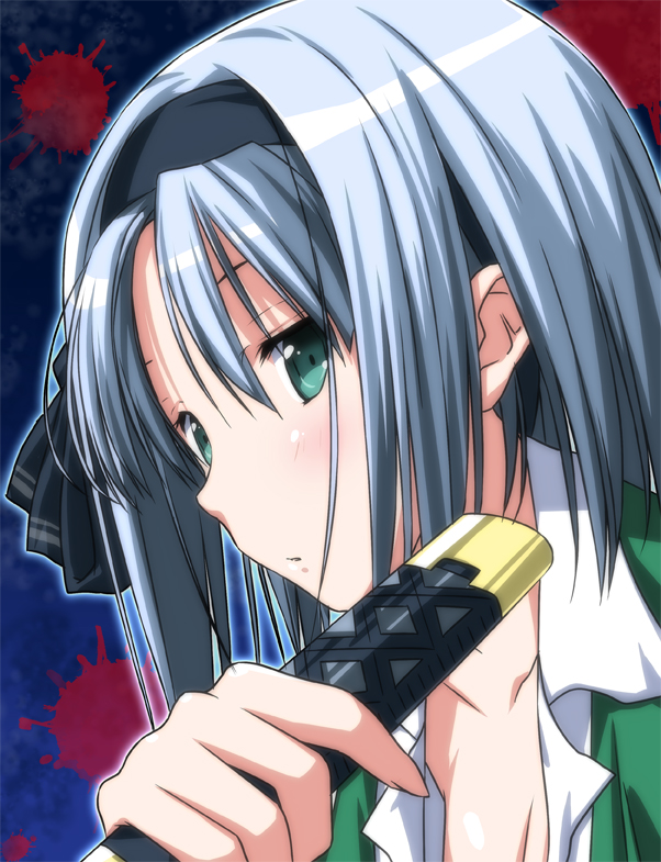 green_eyes hair_ribbon katana konpaku_youmu nori_tamago open_collar ribbon silver_hair solo sword touhou weapon