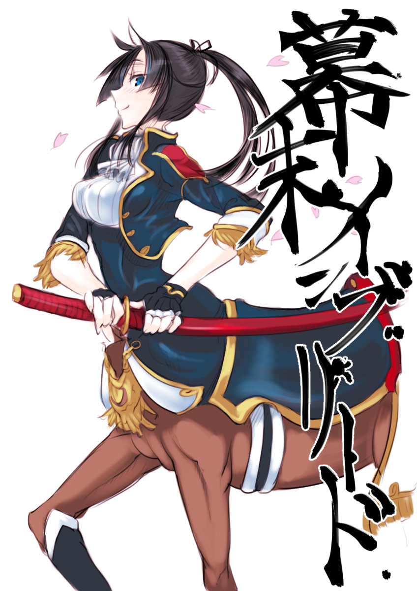 blue_eyes centaur highres karen_(ze) military military_uniform monster_girl original ponytail sword uniform weapon ze_(sawakihein)