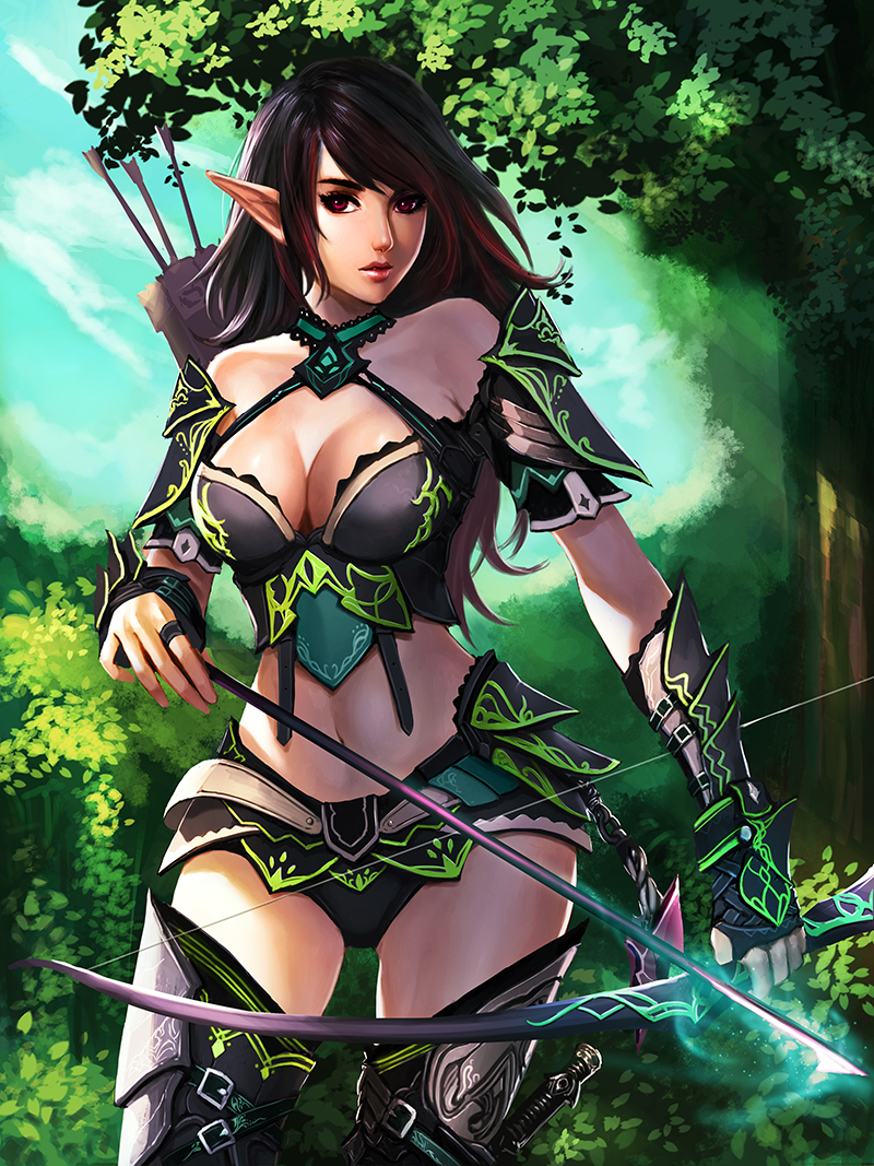 armor arrow bikini_armor boots bow_(weapon) breasts brown_hair cleavage elf gauntlets large_breasts long_hair looking_at_viewer midriff navel nguyen_uy_vu original pointy_ears red_eyes solo thigh_boots thighhighs tree weapon