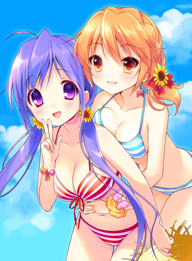 :3 :d bikini blush bow bracelet breasts cleavage collaboration flower front-tie_top hair_bow hair_flower hair_ornament hair_ribbon hat hat_removed headwear_removed holding holding_hat hug hug_from_behind jewelry large_breasts long_hair looking_at_viewer low_twintails multiple_girls navel open_mouth orange_eyes orange_hair original piyodera_mucha purple_eyes purple_hair ribbon shiny shiny_skin short_hair smile straw_hat striped striped_bikini striped_swimsuit swimsuit thigh_gap twintails usashiro_mani