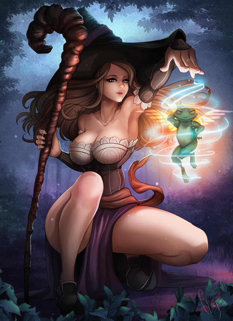 armpits artist_name bare_shoulders breasts brown_eyes brown_hair cleavage detached_sleeves dragon's_crown dress frog hat kneeling large_breasts lips long_hair long_legs magic magion02 side_slit signature smile solo sorceress_(dragon's_crown) squatting staff strapless strapless_dress thighs wings witch_hat