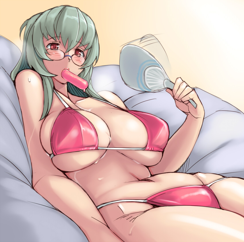 bespectacled bikini blush breasts cleavage fan food glasses hot huge_breasts long_hair mouth_hold navel older paper_fan popsicle red_eyes rozen_maiden silver_hair sitting skindentation solo suigintou sweat swimsuit tsuda_nanafushi uchiwa underboob