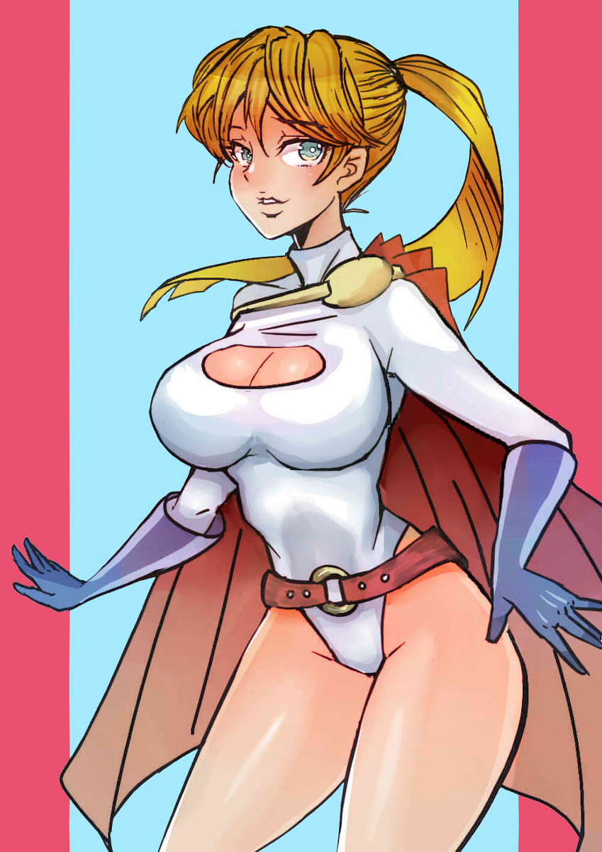 1girl alien alternate_hairstyle blonde_hair breasts cleavage dc_comics highres kryptonian large_breasts pixiv_manga_sample ponytail power_girl resized solo zxc