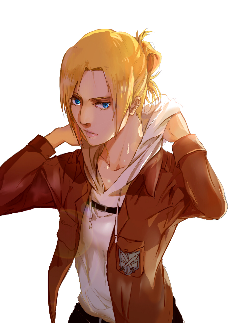 annie_leonhardt blonde_hair blue_eyes emblem feather_o highres hood hoodie jacket paradis_military_uniform ponytail shingeki_no_kyojin solo training_corps_(emblem)