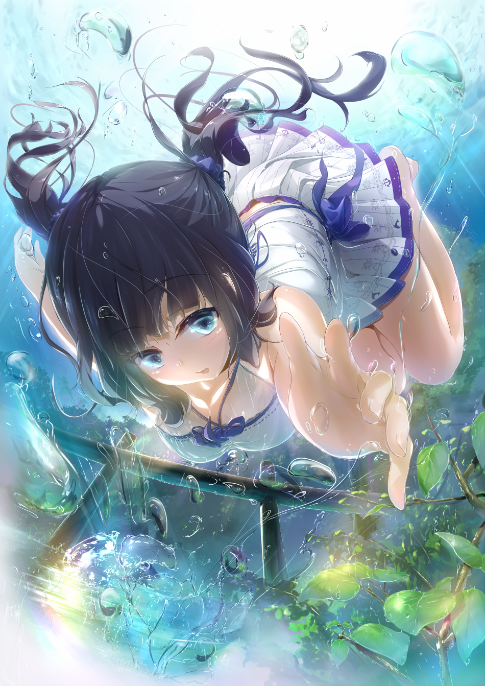 air_bubble aqua_eyes barefoot black_hair breasts bubble diving dress freediving hair_ribbon highres leaf long_hair looking_at_viewer md5_mismatch medium_breasts open_mouth original revision ribbon solo swimming twintails underwater underwear wingheart