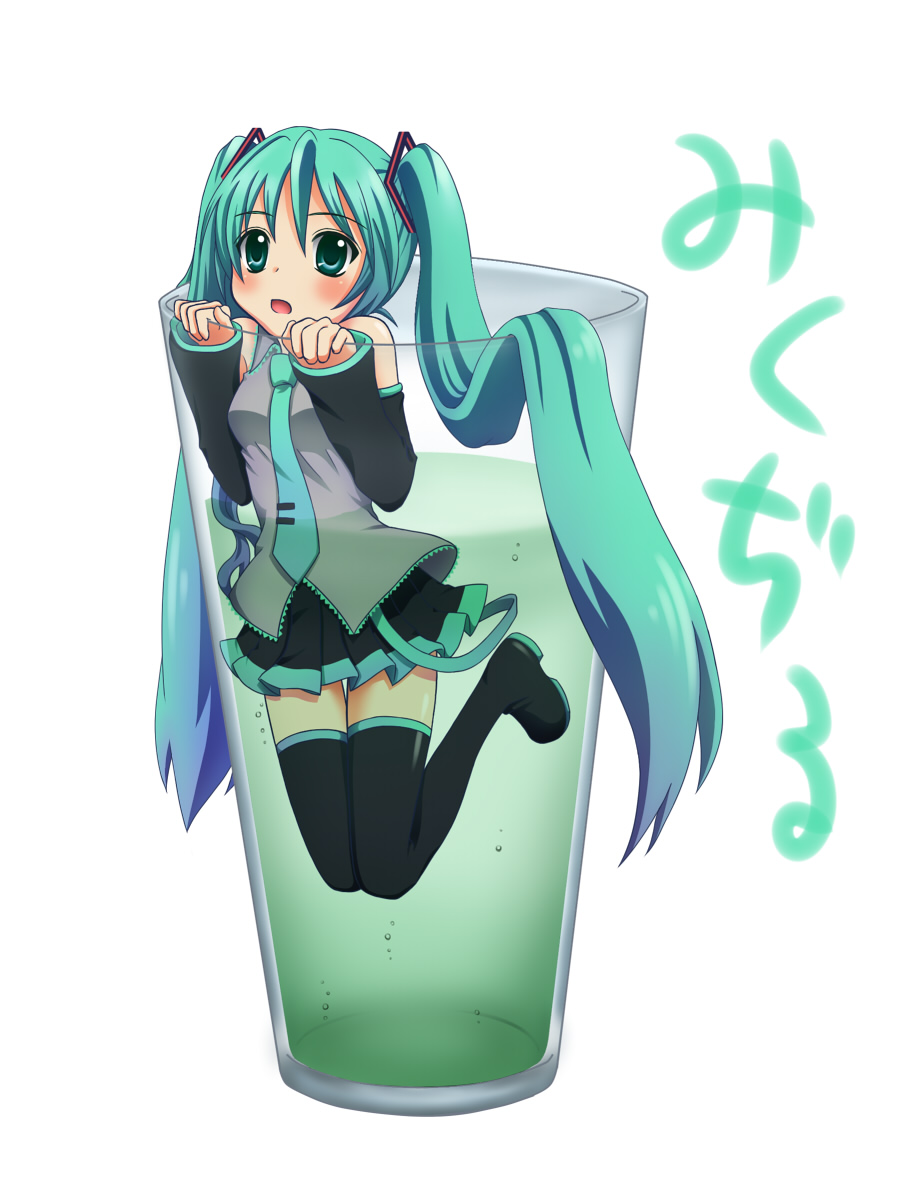 aqua_eyes aqua_hair azune_(churchyard) boots cup food glass hatsune_miku in_container in_cup in_food long_hair minigirl necktie open_mouth simple_background solo thigh_boots thighhighs very_long_hair vocaloid water