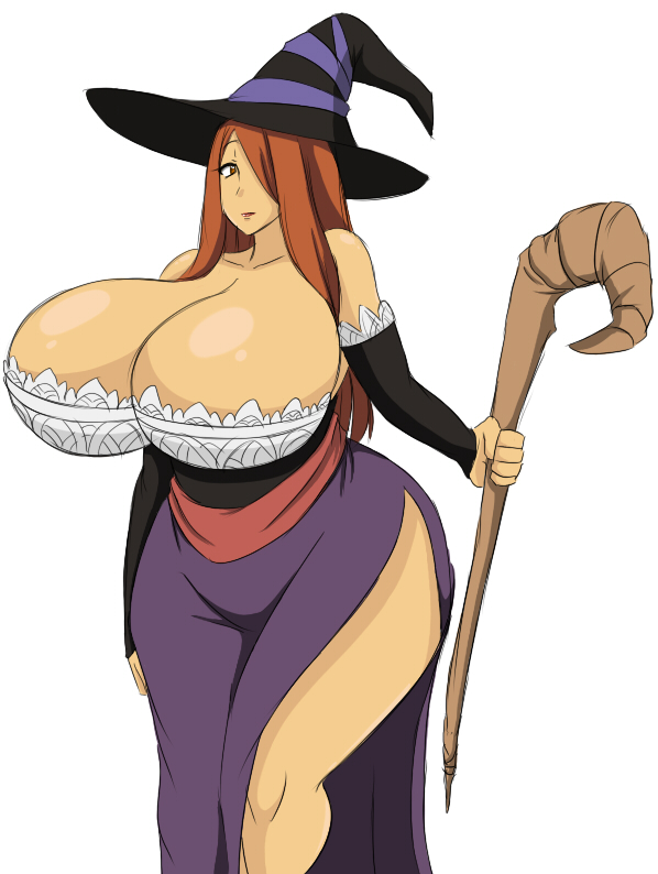 1girl bare_shoulders breasts cleavage curvy detached_sleeves dragon's_crown dragon's_crown dress female gigantic_breasts hair_over_one_eye hat milf red_eyes red_hair simple_background solo sorceress_(dragon's_crown) sorceress_(dragon's_crown) staff standing thighs white_background wide_hips witch_hat zeon_(pixiv722928)