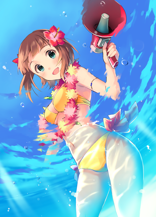 :d amami_haruka bare_shoulders bikini blush breasts brown_hair flower flower_necklace from_below green_eyes hair_flower hair_ornament hibiscus idolmaster idolmaster_(classic) jewelry lei looking_at_viewer looking_down medium_breasts megaphone navel necklace open_mouth short_hair side-tie_bikini smile solo swimsuit tousaki_umiko wading water yellow_bikini