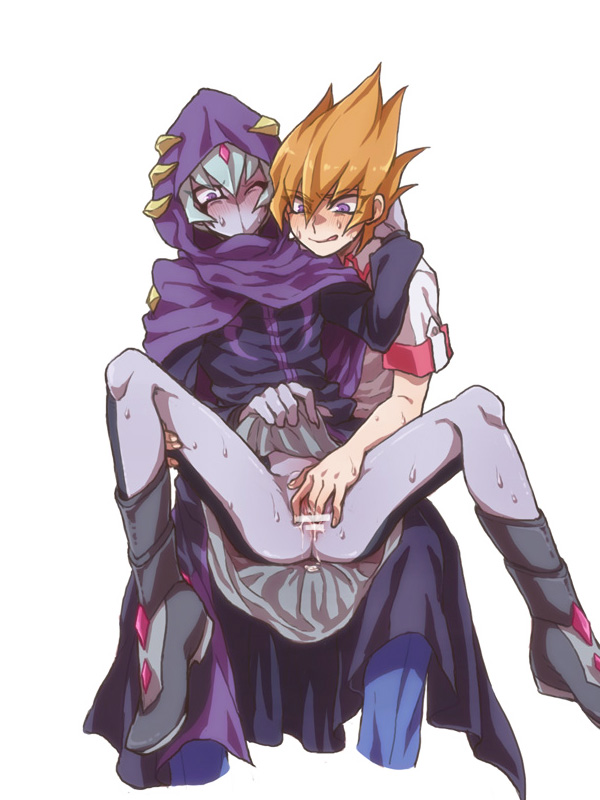 1boy 1girl :q blush censored clothed clothed_sex cum fingering genderswap moaning one_eye_closed orange_hair purple_eyes pussy selfcest shingetsu_rei skirt skirt_lift spread_legs sweat tongue tongue_out vaginal vector vector_(yuu-gi-ou_zexal) vector_trace wet wince wink yu-gi-oh!