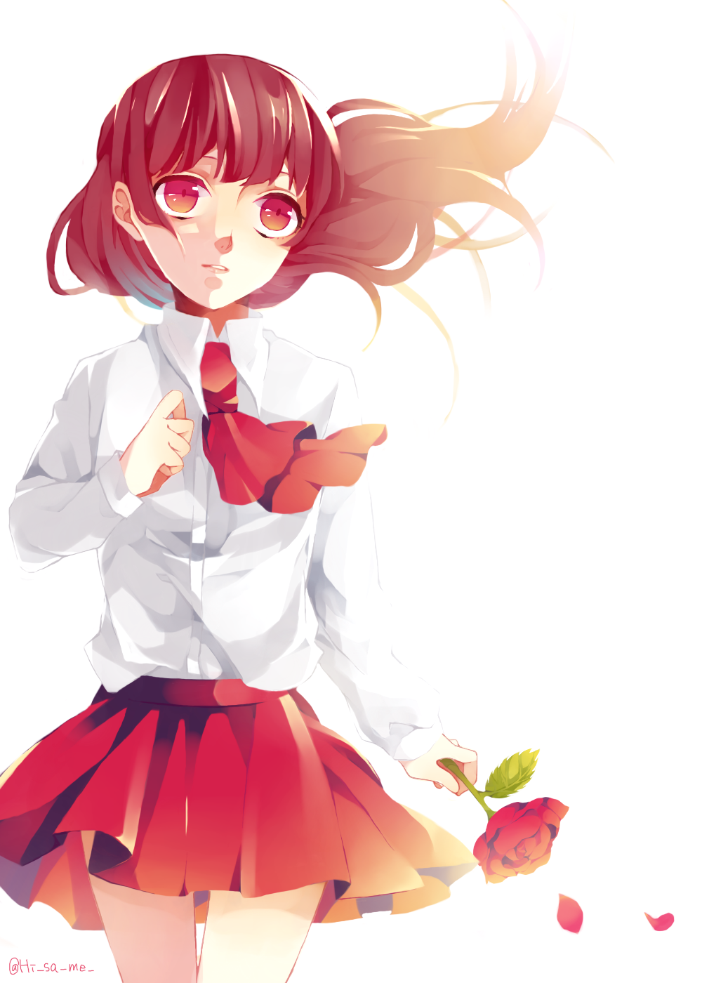 bad_id bad_pixiv_id flower highres hisame ib ib_(ib) long_hair petals red_eyes red_flower red_hair red_rose rose skirt solo white_background
