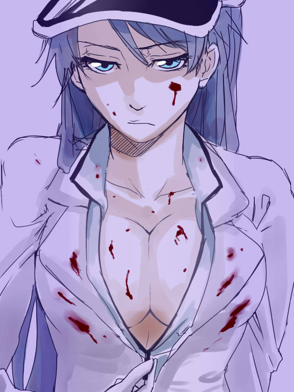 1girl 7ma5_4nomono artist_request bambietta_basterbine bleach bleach:_the_thousand-year_blood_war blood blood_on_face blood_splatter blue_eyes breasts cleavage gloves large_breasts long_hair rough solo unzipped