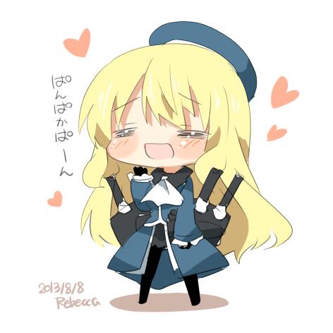 :d =_= atago_(kantai_collection) bad_id bad_twitter_id beret blonde_hair blush chibi closed_eyes dated hat heart kantai_collection long_hair lowres open_mouth pan-pa-ka-paaan! pantyhose rebecca_(keinelove) signature simple_background smile solo translated white_background