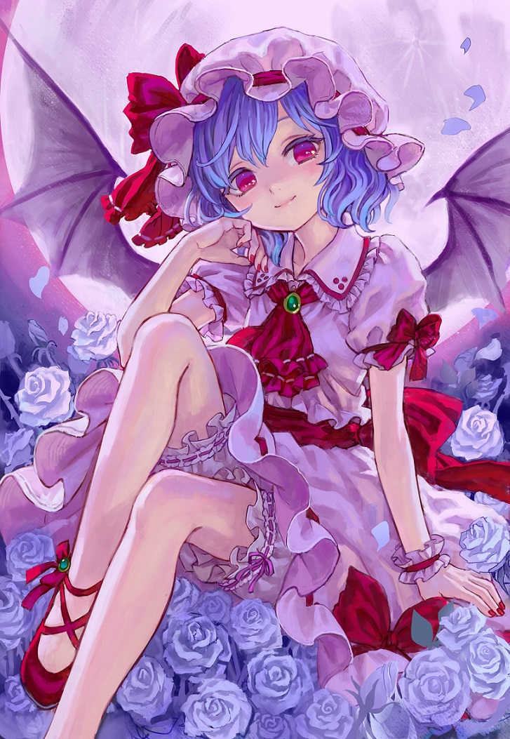 ama-tou bat_wings bloomers blue_hair brooch cross-laced_footwear dress flower full_moon hat hat_ribbon jewelry looking_at_viewer moon nail_polish no_socks pink_dress pink_eyes puffy_sleeves red_eyes remilia_scarlet ribbon rose sash short_sleeves smile solo touhou underwear white_flower white_rose wings wrist_cuffs