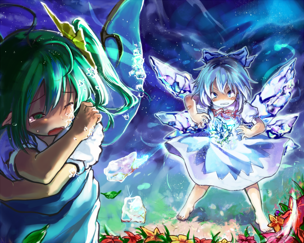 angry bad_id bad_pixiv_id bandaid barefoot blue_eyes blue_hair bow bullying cirno clenched_teeth crossed_arms daiyousei dress fairy_wings flower gradient gradient_background green_eyes green_hair hair_bow hair_ribbon hutaba123 ice ice_wings light_particles looking_at_another multiple_girls one_eye_closed open_mouth pointy_ears puffy_short_sleeves puffy_sleeves ribbon scowl short_hair short_sleeves side_ponytail skirt skirt_set tears teeth touhou wings