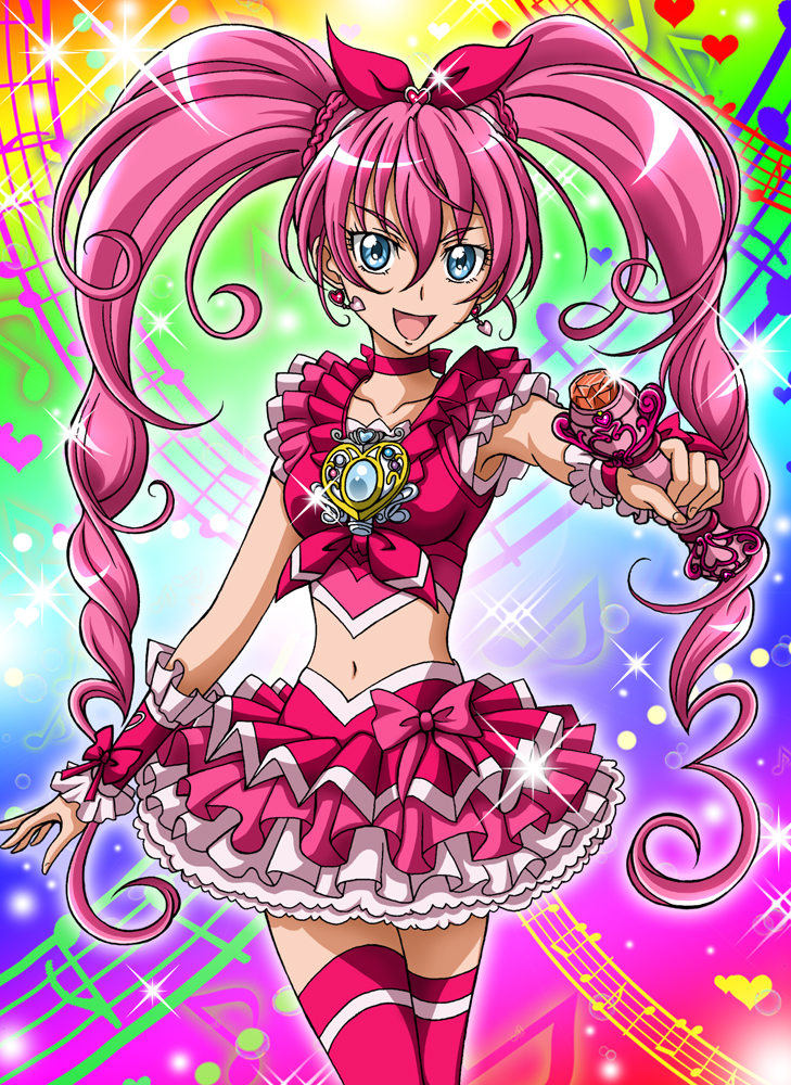 blue_eyes bow braid brooch choker colorful cure_melody frills hair_ribbon hairband hanzou houjou_hibiki jewelry long_hair magical_girl midriff miracle_belltier musical_note navel pink_bow pink_choker pink_hair pink_legwear precure rainbow_background ribbon skirt smile solo sparkle staff_(music) suite_precure thighhighs twintails wand wrist_cuffs zettai_ryouiki