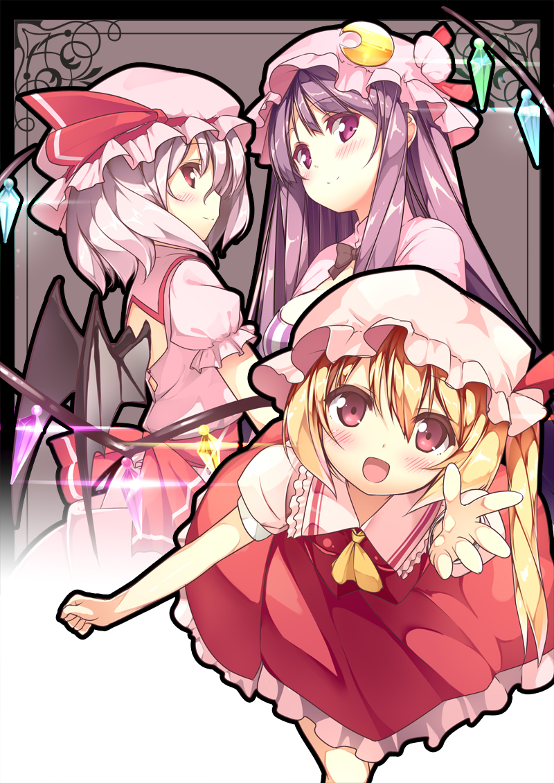 ascot bat_wings blonde_hair blush bow crescent dress flandre_scarlet hat long_hair multiple_girls open_mouth outstretched_hand patchouli_knowledge ponytail purple_eyes purple_hair red_eyes remilia_scarlet shiny short_hair side_ponytail smile striped touhou usume_shirou wings