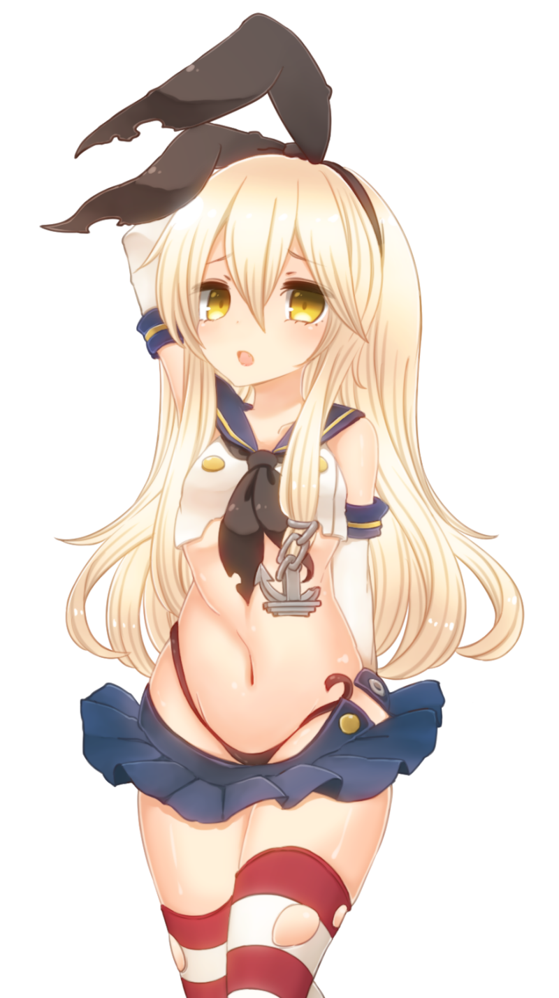 anchor anchor_hair_ornament blonde_hair elbow_gloves gloves hair_ornament hairband hand_behind_head highres kantai_collection long_hair microskirt mootor navel open_mouth shimakaze_(kantai_collection) skirt solo striped striped_legwear thighhighs torn_clothes yellow_eyes