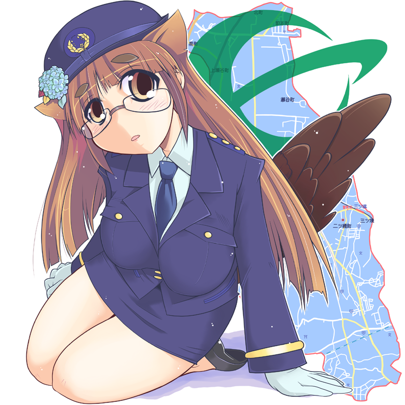 animal_ears arm_support between_breasts breasts brown_eyes brown_hair eyebrows flower glasses gloves hair_flower hair_ornament hat hydrangea ichiya_uni long_hair map necktie original parted_lips police police_uniform seiza seyano_ajisai sitting solo thick_eyebrows uniform