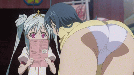 age_difference animated animated_gif ass ass_shake blue_hair ladies_versus_butlers! panties pina_sformkran_est reading silver_hair skirt twintails underwear