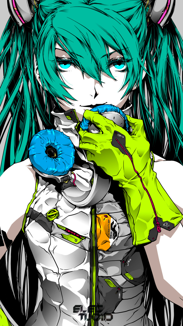 aqua_eyes bracelet gloves green_hair hatsune_miku headphones jewelry long_hair nagimiso solo twintails vocaloid