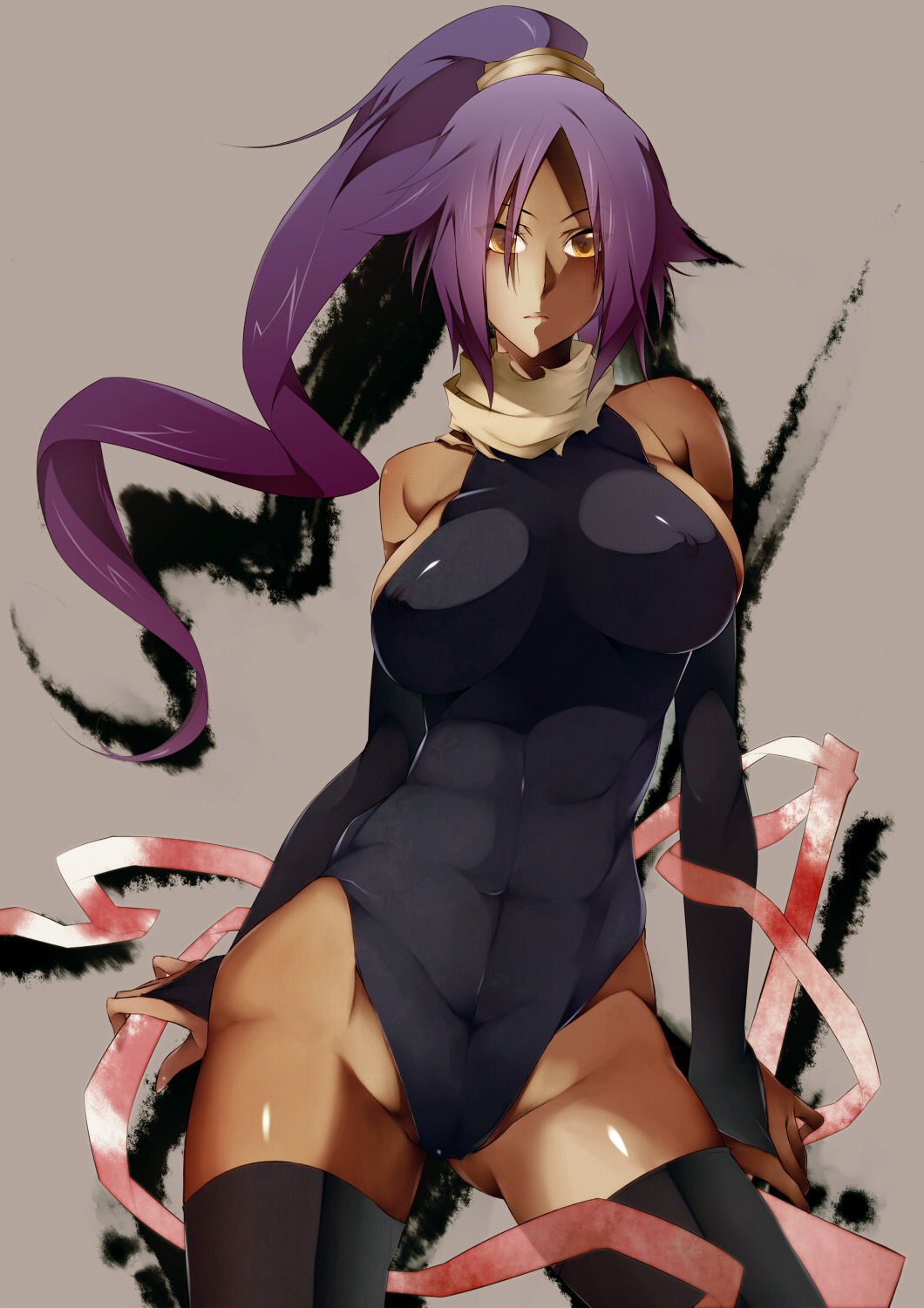abs bandages bare_shoulders black_legwear bleach breasts cameltoe covered_nipples elbow_gloves gloves gradient_hair highres large_breasts leotard lips long_hair looking_at_viewer lowleg multicolored_hair muscle nanao_(mahaya) no_bra ponytail purple_hair shihouin_yoruichi skin_tight solo thighhighs yellow_eyes