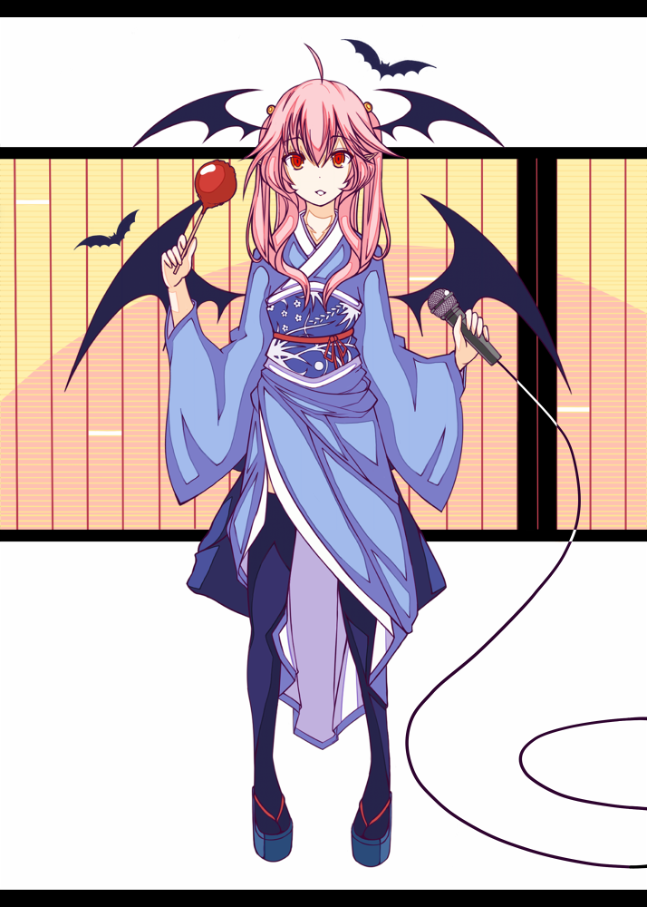 ahoge akiposo2580 alternate_costume bad_id bad_pixiv_id bat bat_wings black_legwear candy_apple clog_sandals commentary_request food full_body hair_bobbles hair_ornament head_wings ideolo_(style) japanese_clothes kimono koakuma letterboxed long_hair long_sleeves looking_at_viewer microphone parody parted_lips pigeon-toed pink_hair pointy_ears red_eyes ringed_eyes sandals sash simple_background solo style_parody thighhighs touhou white_background wide_sleeves wings zettai_ryouiki