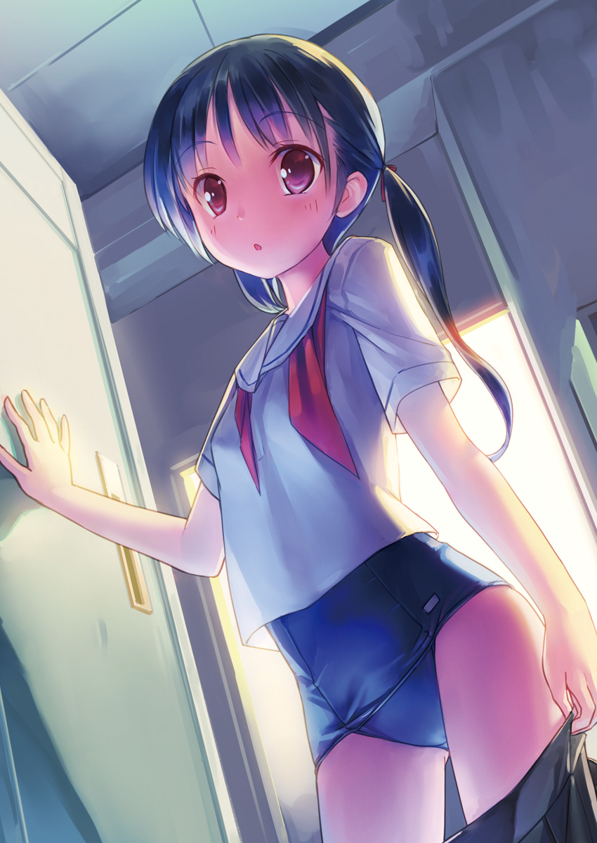 :o black_hair blush hair_ribbon highres indoors long_hair looking_at_viewer one-piece_swimsuit original red_eyes ribbon school_swimsuit school_uniform skirt skirt_pull solo swimsuit swimsuit_under_clothes takoyaki_(roast) twintails