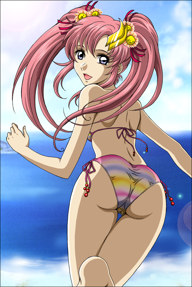 ass beach bikini blue_eyes cloud day flower gundam gundam_seed gundam_seed_destiny hair_flower hair_ornament hairpin hanzou lacus_clyne long_hair looking_back multicolored multicolored_stripes ocean outdoors pink_hair running sky smile solo striped striped_bikini swimsuit thigh_gap twintails water