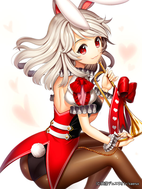 animal_ears back bad_id bad_pixiv_id bare_back black_legwear bunny_ears bunny_tail bunnysuit ells horn_(instrument) instrument junketsu_duelion looking_at_viewer pantyhose red_eyes ribbon smile solo tail white_background white_hair